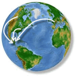Globe with arrows showing relocation paths from different areas.